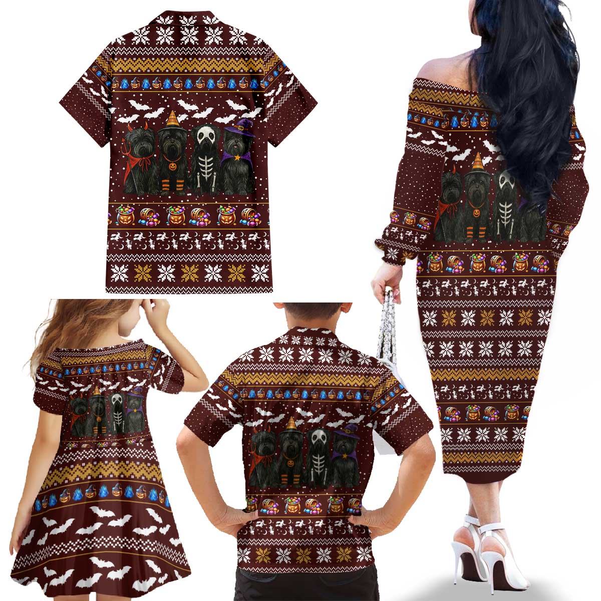 Affenpinscher Dog Halloween Christmas Family Matching Off The Shoulder Long Sleeve Dress and Hawaiian Shirt Xmas Holiday Patterns - Wonder Print Shop