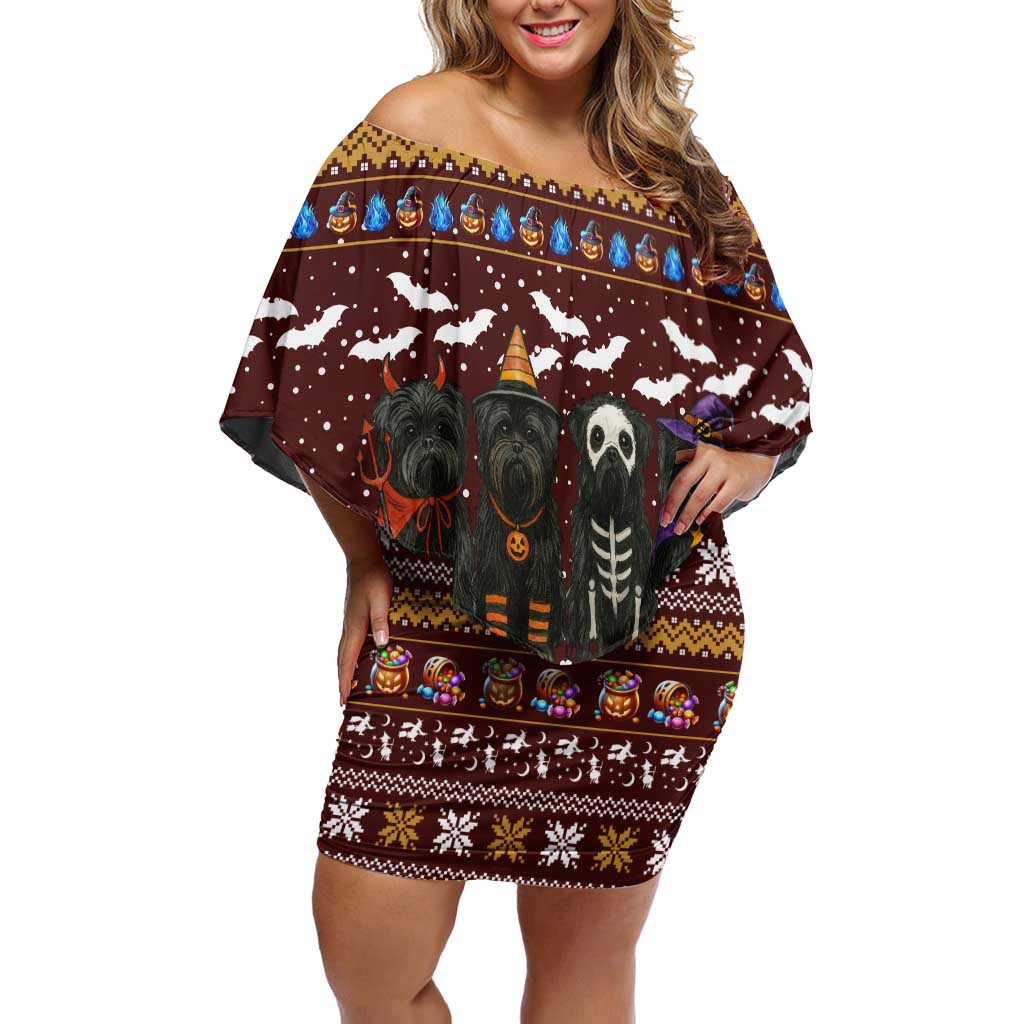 Affenpinscher Dog Halloween Christmas Family Matching Off Shoulder Short Dress and Hawaiian Shirt Xmas Holiday Patterns - Wonder Print Shop