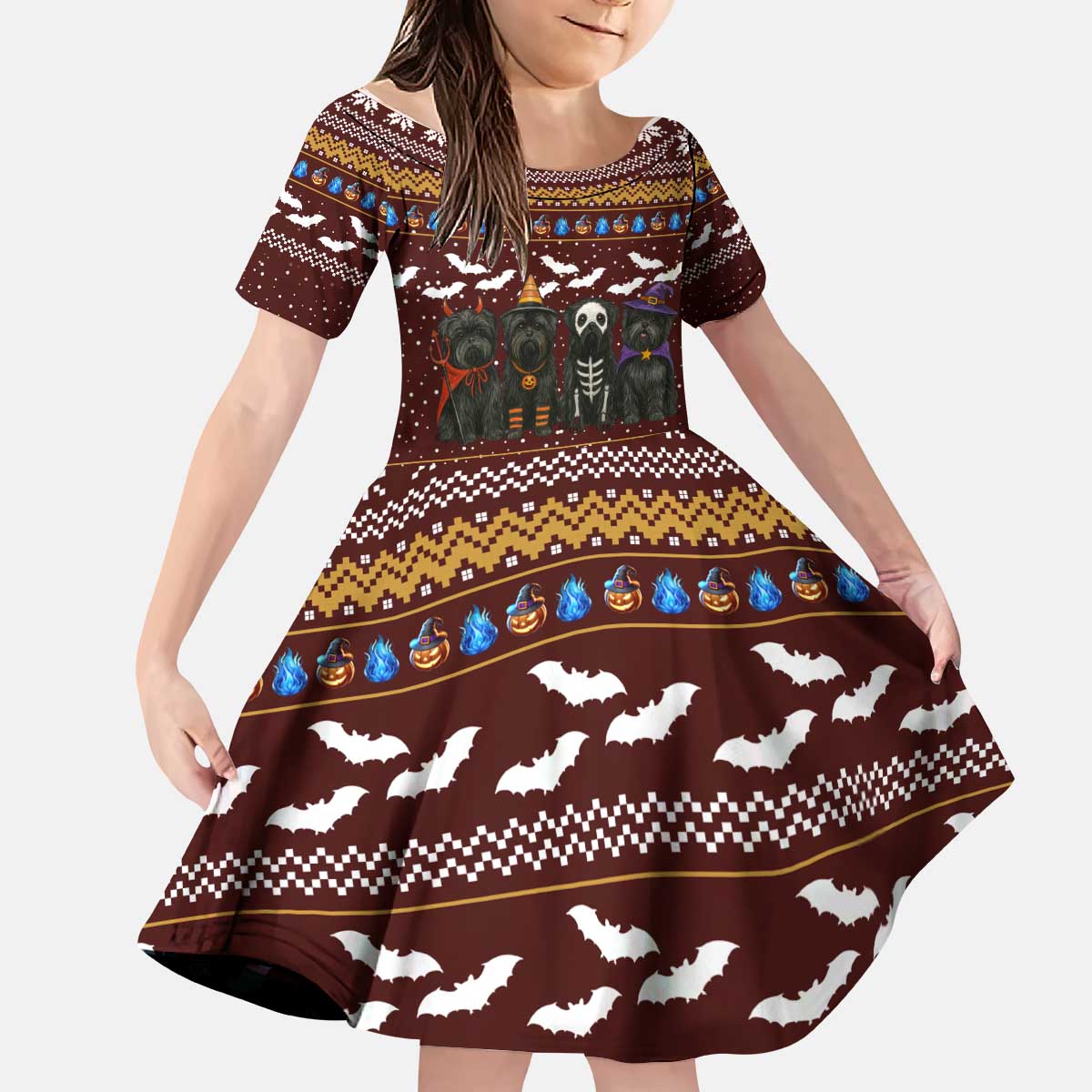 Affenpinscher Dog Halloween Christmas Kid Short Sleeve Dress Xmas Holiday Patterns - Wonder Print Shop