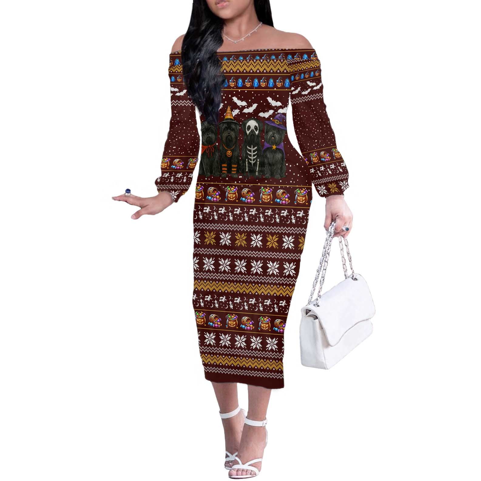 Affenpinscher Dog Halloween Christmas Off The Shoulder Long Sleeve Dress Xmas Holiday Patterns - Wonder Print Shop