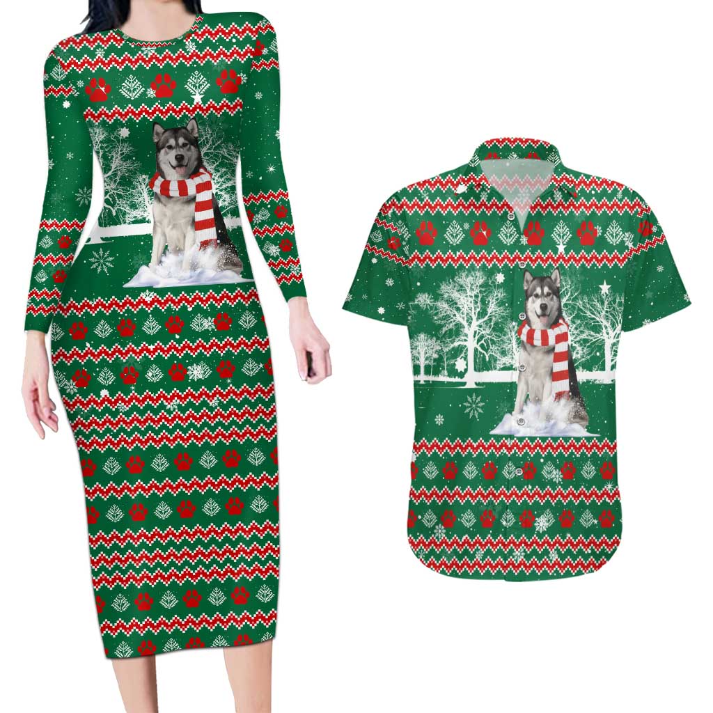 Alaskan Malamute Winter Tree Christmas Couples Matching Long Sleeve Bodycon Dress and Hawaiian Shirt Xmas Holiday Patterns - Wonder Print Shop