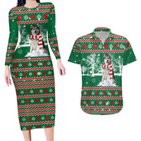 Alaskan Malamute Winter Tree Christmas Couples Matching Long Sleeve Bodycon Dress and Hawaiian Shirt Xmas Holiday Patterns - Wonder Print Shop