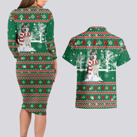 Alaskan Malamute Winter Tree Christmas Couples Matching Long Sleeve Bodycon Dress and Hawaiian Shirt Xmas Holiday Patterns - Wonder Print Shop