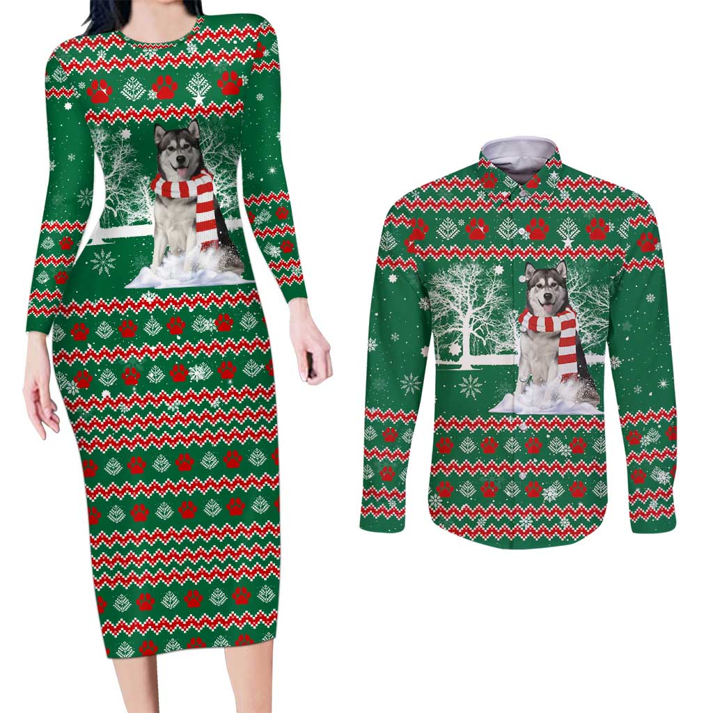 Alaskan Malamute Winter Tree Christmas Couples Matching Long Sleeve Bodycon Dress and Long Sleeve Button Shirt Xmas Holiday Patterns - Wonder Print Shop