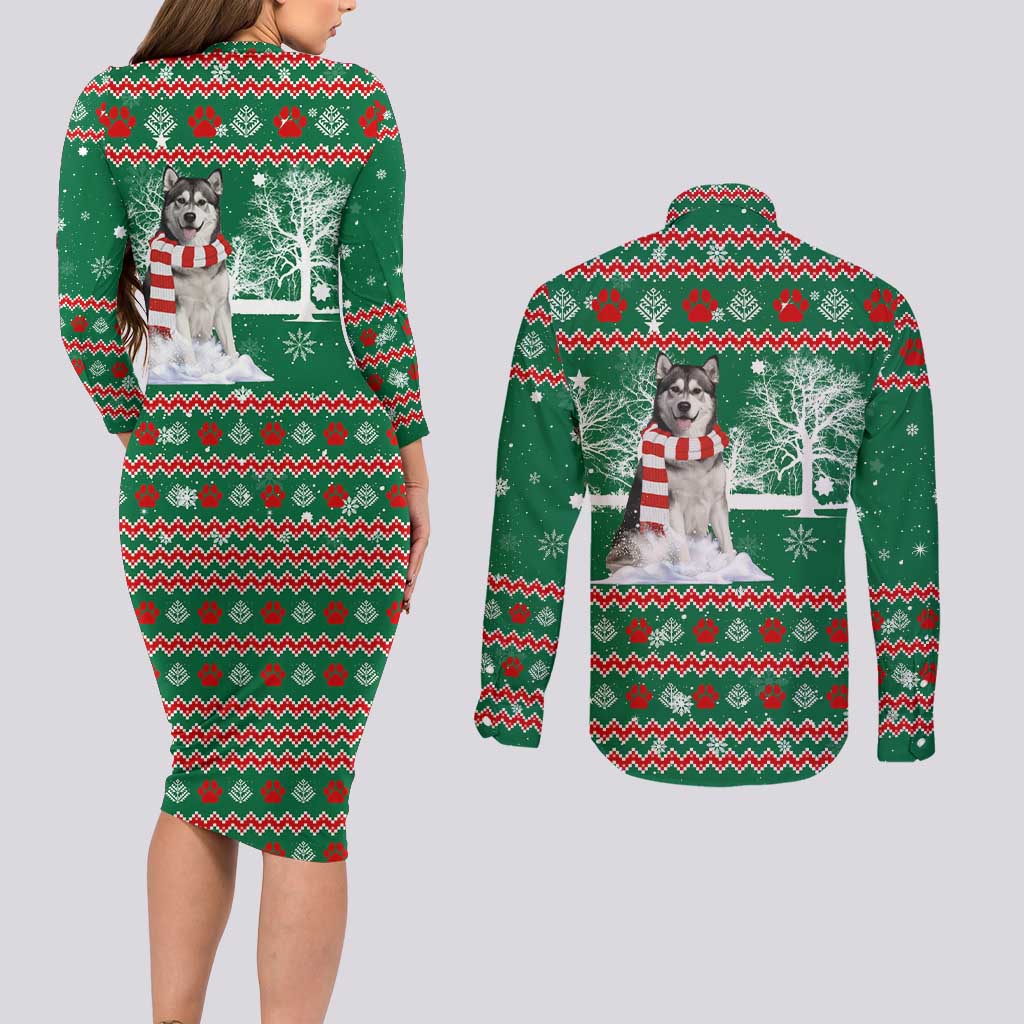 Alaskan Malamute Winter Tree Christmas Couples Matching Long Sleeve Bodycon Dress and Long Sleeve Button Shirt Xmas Holiday Patterns - Wonder Print Shop