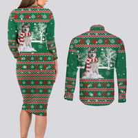 Alaskan Malamute Winter Tree Christmas Couples Matching Long Sleeve Bodycon Dress and Long Sleeve Button Shirt Xmas Holiday Patterns - Wonder Print Shop