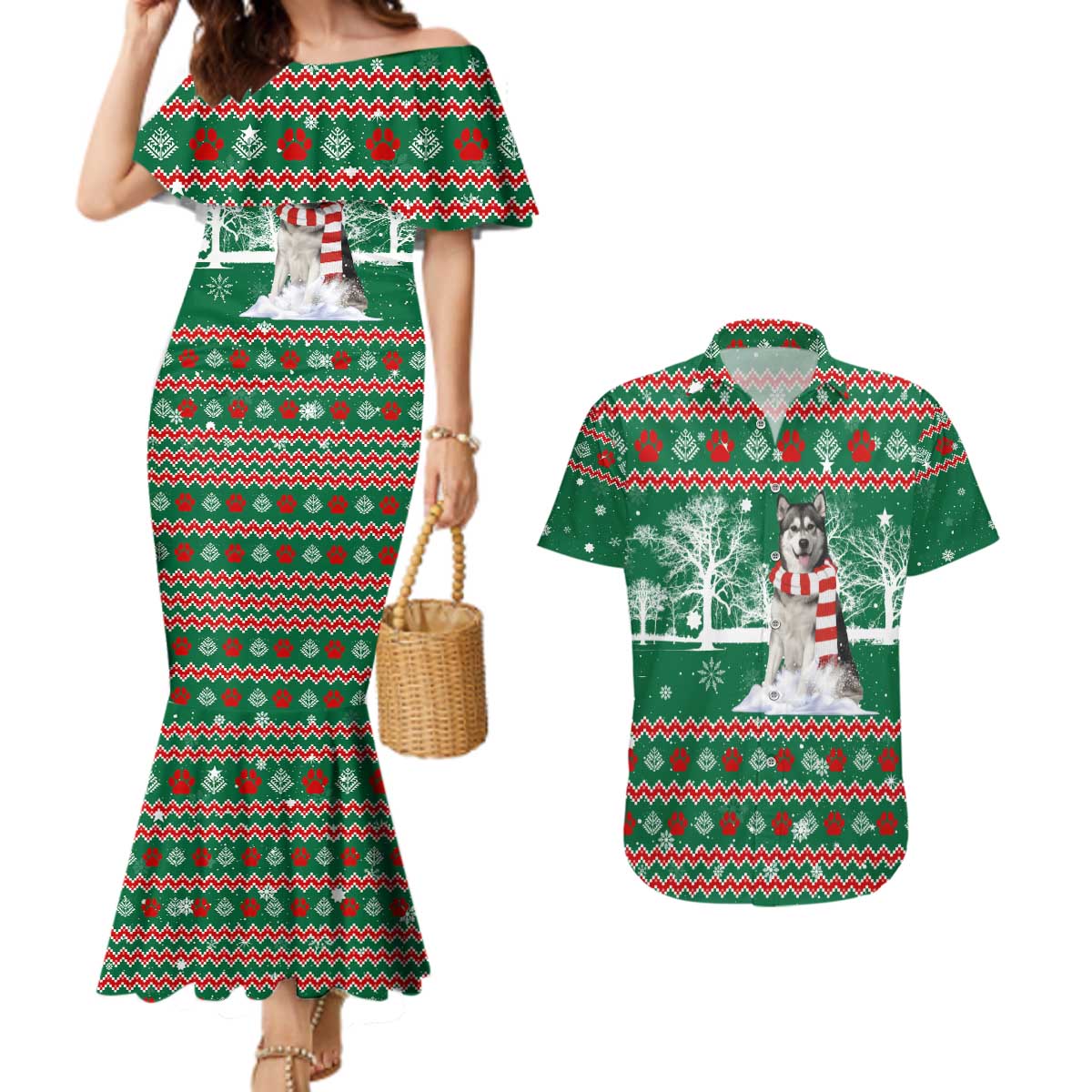 Alaskan Malamute Winter Tree Christmas Couples Matching Mermaid Dress and Hawaiian Shirt Xmas Holiday Patterns - Wonder Print Shop