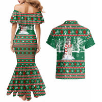 Alaskan Malamute Winter Tree Christmas Couples Matching Mermaid Dress and Hawaiian Shirt Xmas Holiday Patterns - Wonder Print Shop
