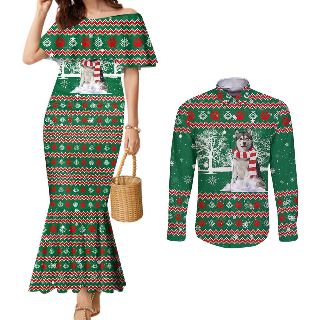Alaskan Malamute Winter Tree Christmas Couples Matching Mermaid Dress and Long Sleeve Button Shirt Xmas Holiday Patterns - Wonder Print Shop