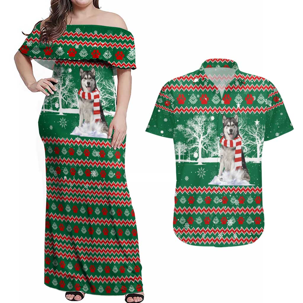 Alaskan Malamute Winter Tree Christmas Couples Matching Off Shoulder Maxi Dress and Hawaiian Shirt Xmas Holiday Patterns - Wonder Print Shop
