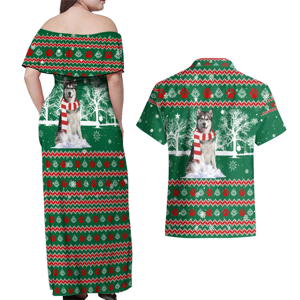 Alaskan Malamute Winter Tree Christmas Couples Matching Off Shoulder Maxi Dress and Hawaiian Shirt Xmas Holiday Patterns - Wonder Print Shop
