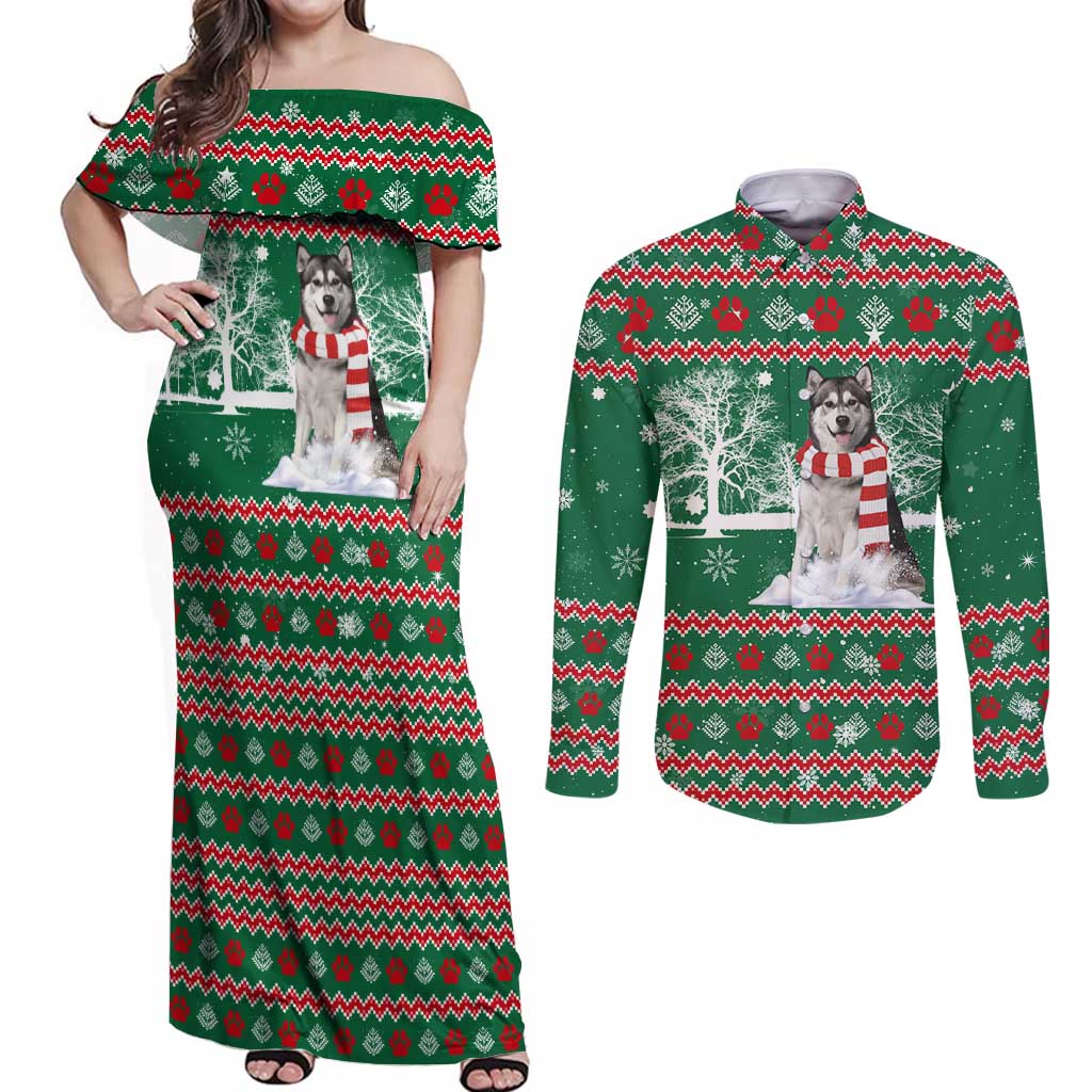 Alaskan Malamute Winter Tree Christmas Couples Matching Off Shoulder Maxi Dress and Long Sleeve Button Shirt Xmas Holiday Patterns - Wonder Print Shop