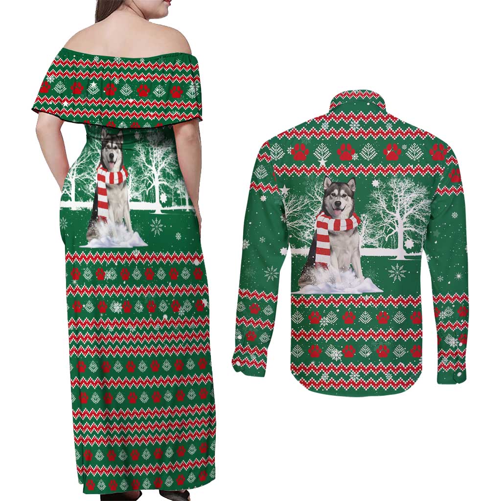 Alaskan Malamute Winter Tree Christmas Couples Matching Off Shoulder Maxi Dress and Long Sleeve Button Shirt Xmas Holiday Patterns - Wonder Print Shop
