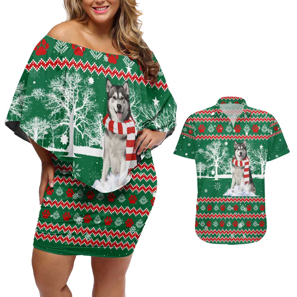 Alaskan Malamute Winter Tree Christmas Couples Matching Off Shoulder Short Dress and Hawaiian Shirt Xmas Holiday Patterns - Wonder Print Shop