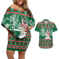 Alaskan Malamute Winter Tree Christmas Couples Matching Off Shoulder Short Dress and Hawaiian Shirt Xmas Holiday Patterns - Wonder Print Shop