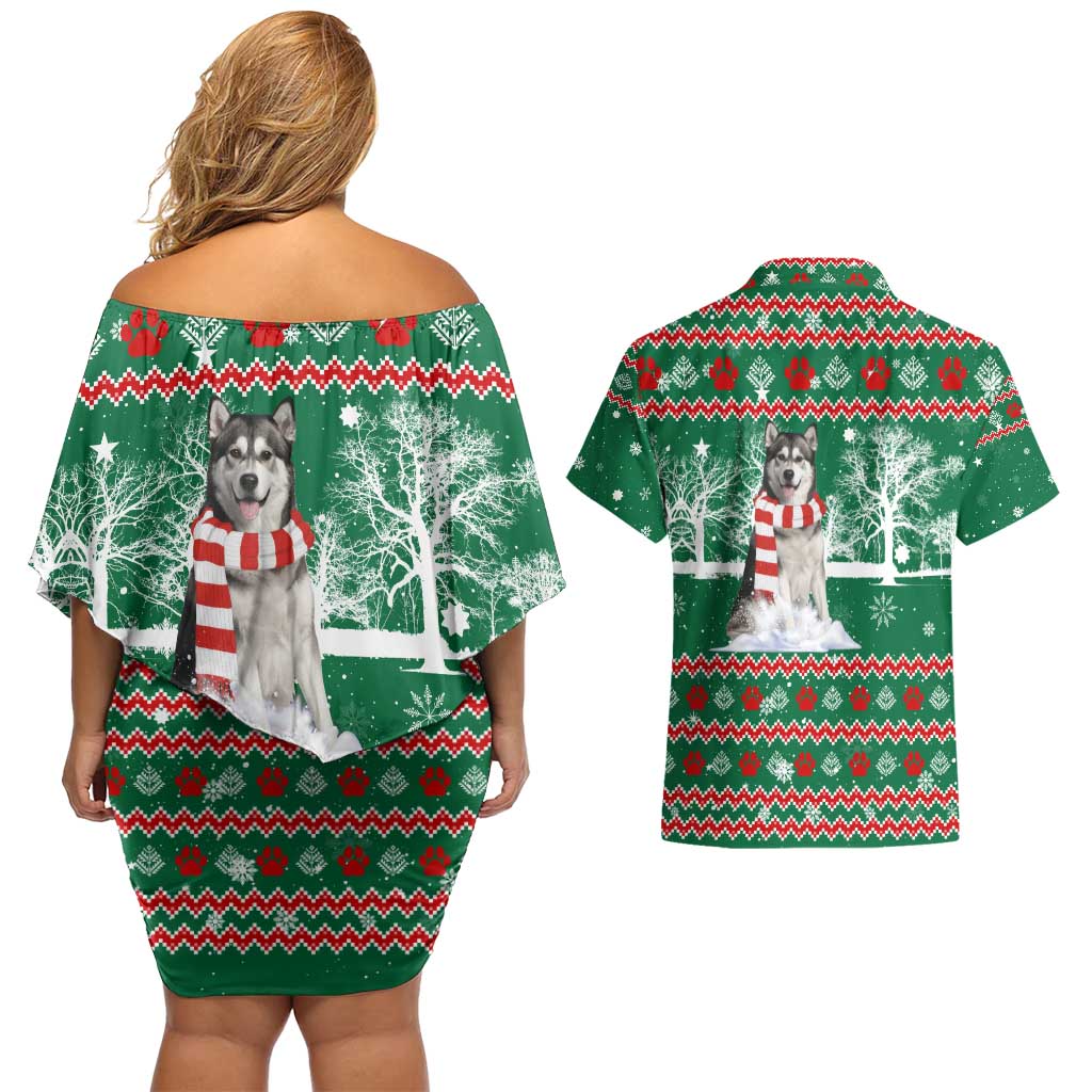 Alaskan Malamute Winter Tree Christmas Couples Matching Off Shoulder Short Dress and Hawaiian Shirt Xmas Holiday Patterns - Wonder Print Shop