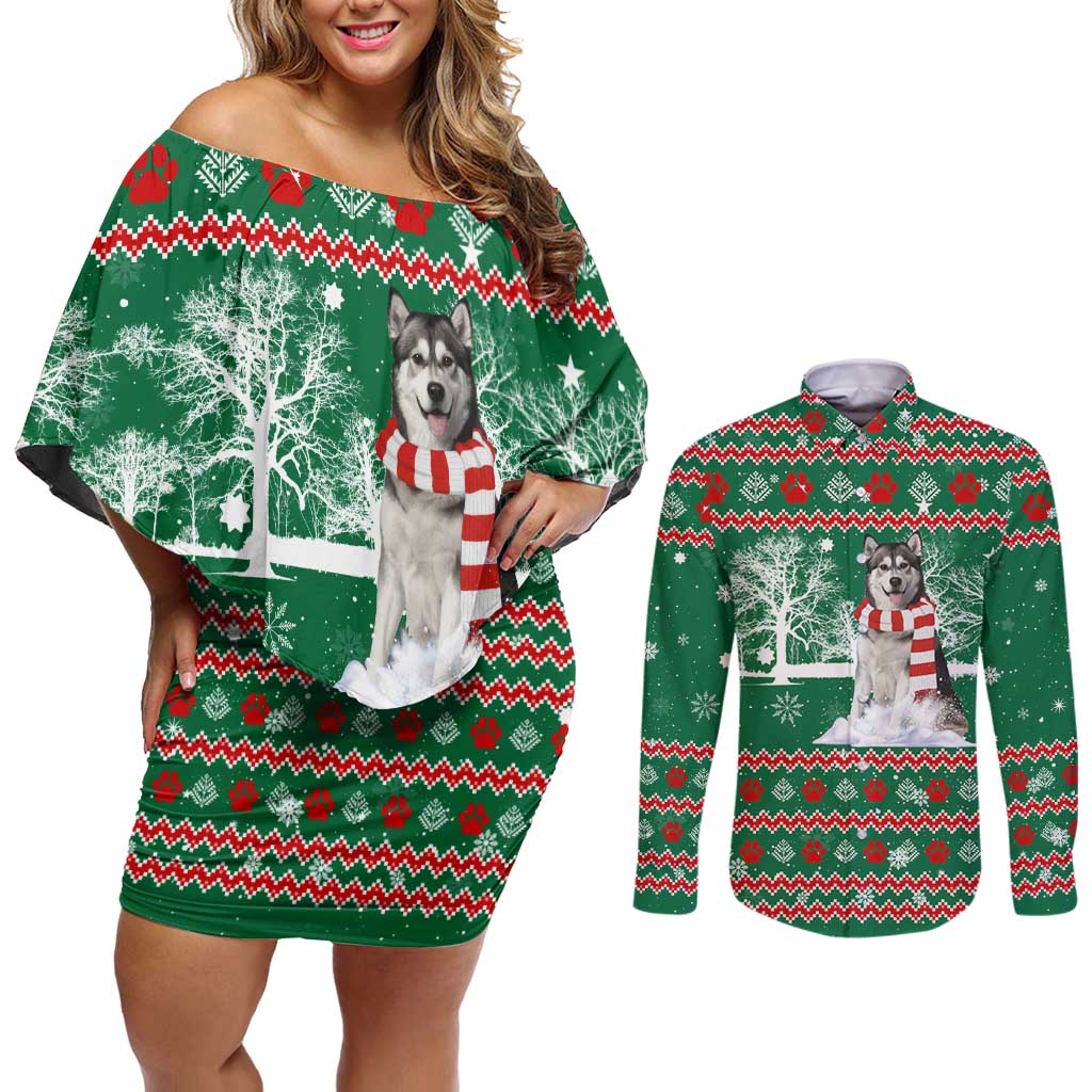 Alaskan Malamute Winter Tree Christmas Couples Matching Off Shoulder Short Dress and Long Sleeve Button Shirt Xmas Holiday Patterns - Wonder Print Shop