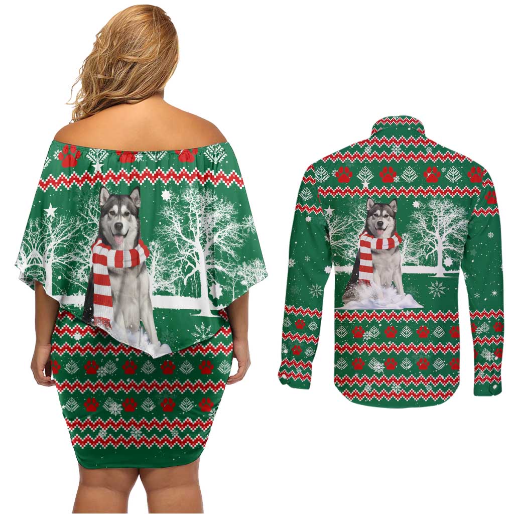 Alaskan Malamute Winter Tree Christmas Couples Matching Off Shoulder Short Dress and Long Sleeve Button Shirt Xmas Holiday Patterns - Wonder Print Shop