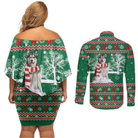 Alaskan Malamute Winter Tree Christmas Couples Matching Off Shoulder Short Dress and Long Sleeve Button Shirt Xmas Holiday Patterns - Wonder Print Shop