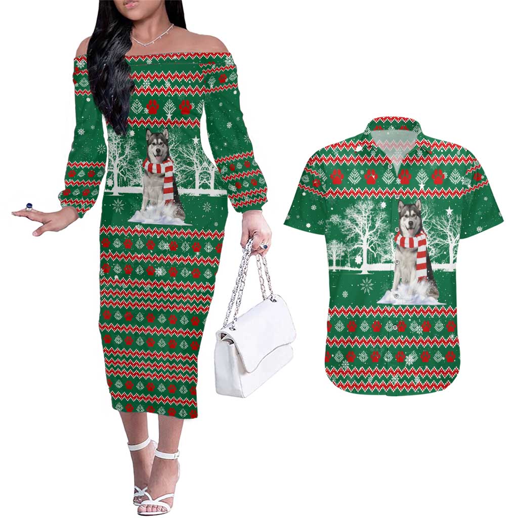 Alaskan Malamute Winter Tree Christmas Couples Matching Off The Shoulder Long Sleeve Dress and Hawaiian Shirt Xmas Holiday Patterns - Wonder Print Shop
