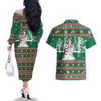 Alaskan Malamute Winter Tree Christmas Couples Matching Off The Shoulder Long Sleeve Dress and Hawaiian Shirt Xmas Holiday Patterns - Wonder Print Shop