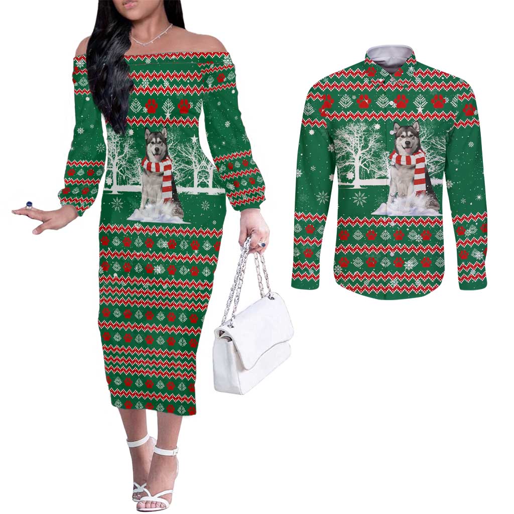 Alaskan Malamute Winter Tree Christmas Couples Matching Off The Shoulder Long Sleeve Dress and Long Sleeve Button Shirt Xmas Holiday Patterns - Wonder Print Shop