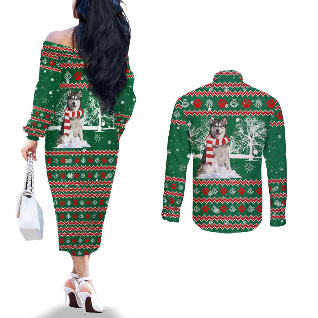 Alaskan Malamute Winter Tree Christmas Couples Matching Off The Shoulder Long Sleeve Dress and Long Sleeve Button Shirt Xmas Holiday Patterns - Wonder Print Shop