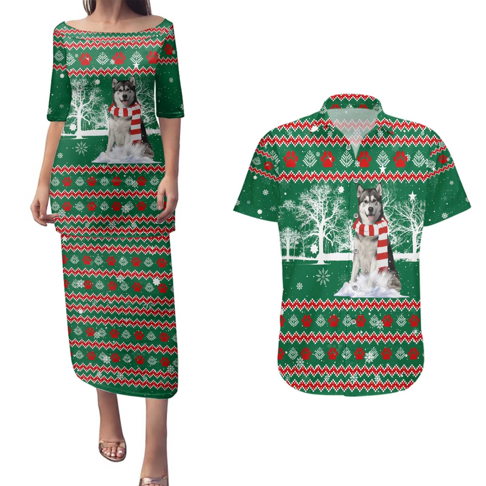 Alaskan Malamute Winter Tree Christmas Couples Matching Puletasi and Hawaiian Shirt Xmas Holiday Patterns - Wonder Print Shop