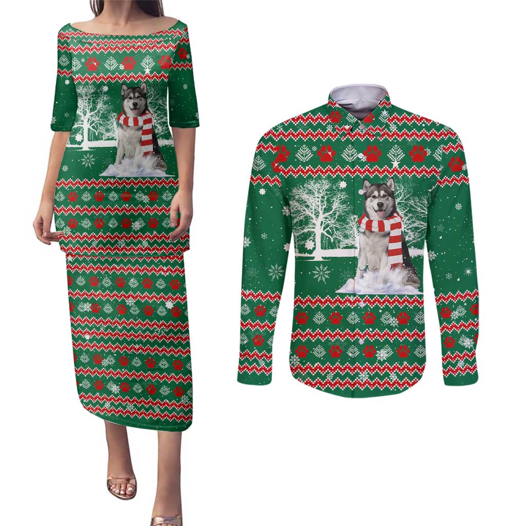 Alaskan Malamute Winter Tree Christmas Couples Matching Puletasi and Long Sleeve Button Shirt Xmas Holiday Patterns - Wonder Print Shop