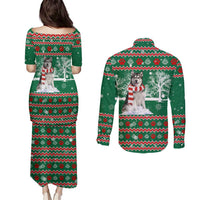 Alaskan Malamute Winter Tree Christmas Couples Matching Puletasi and Long Sleeve Button Shirt Xmas Holiday Patterns - Wonder Print Shop