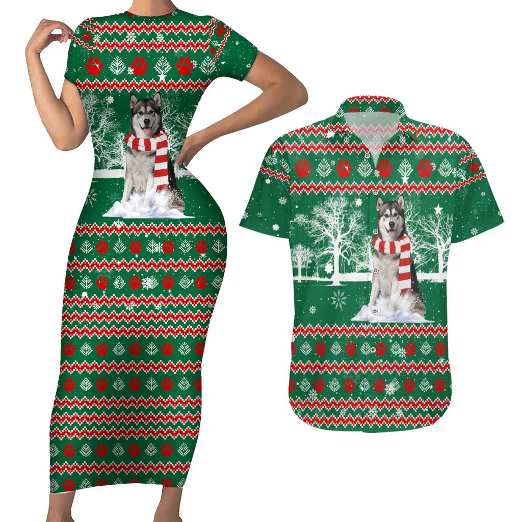 Alaskan Malamute Winter Tree Christmas Couples Matching Short Sleeve Bodycon Dress and Hawaiian Shirt Xmas Holiday Patterns - Wonder Print Shop
