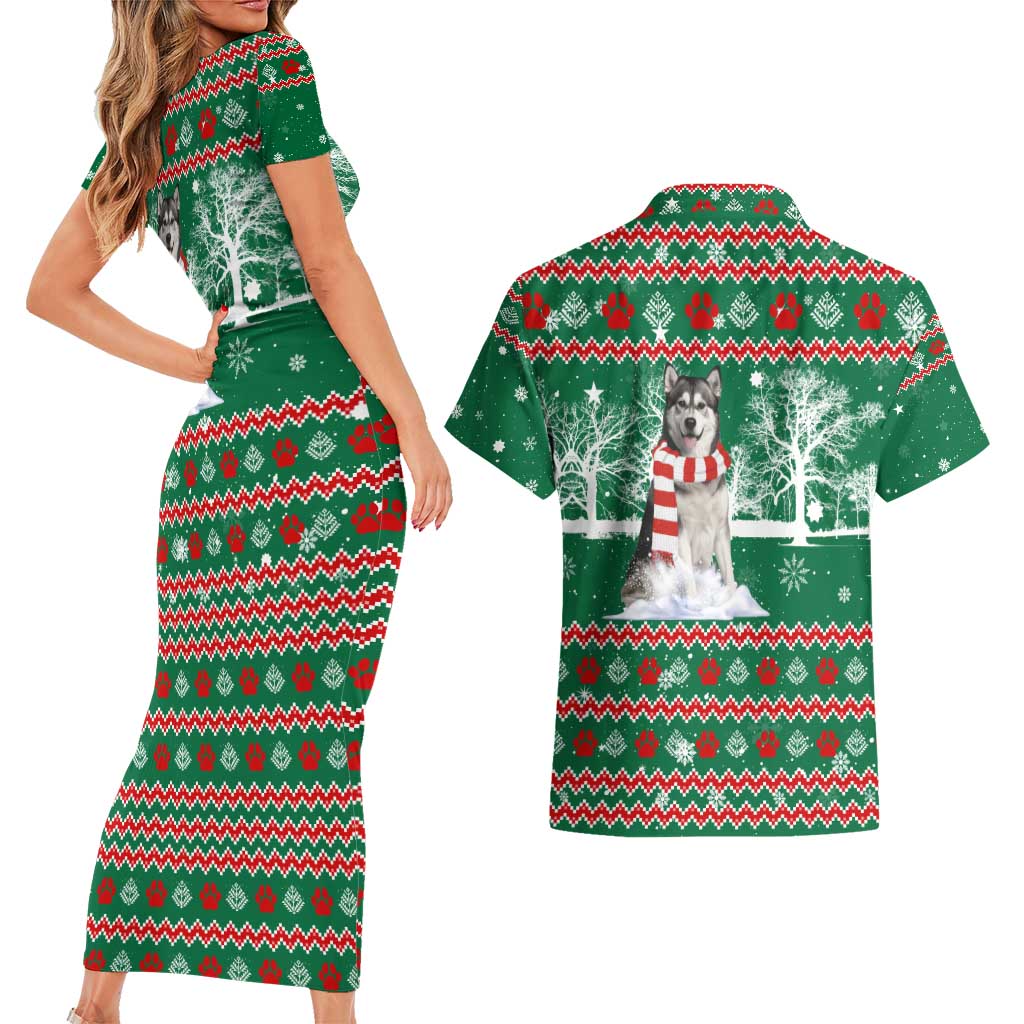 Alaskan Malamute Winter Tree Christmas Couples Matching Short Sleeve Bodycon Dress and Hawaiian Shirt Xmas Holiday Patterns - Wonder Print Shop