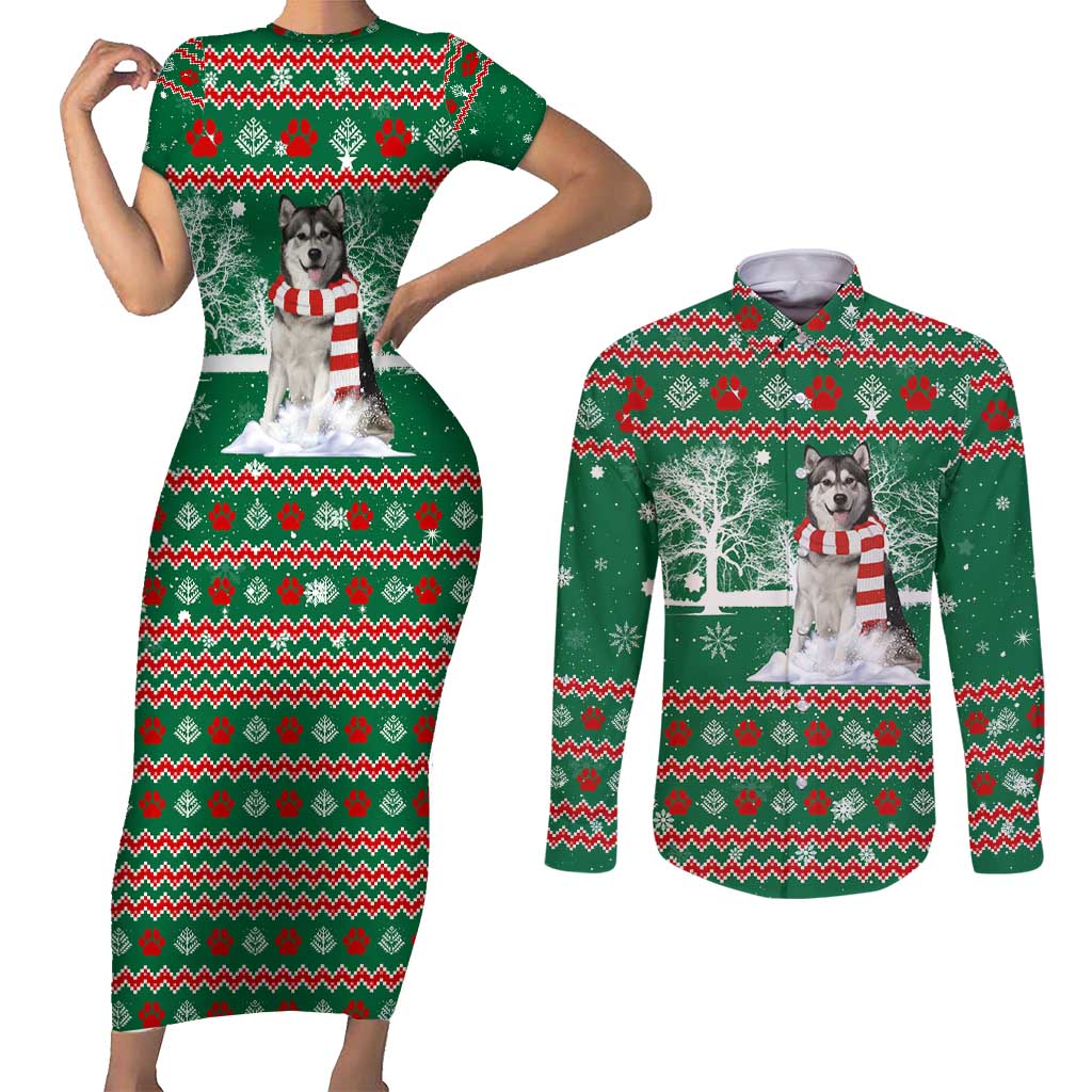Alaskan Malamute Winter Tree Christmas Couples Matching Short Sleeve Bodycon Dress and Long Sleeve Button Shirt Xmas Holiday Patterns - Wonder Print Shop