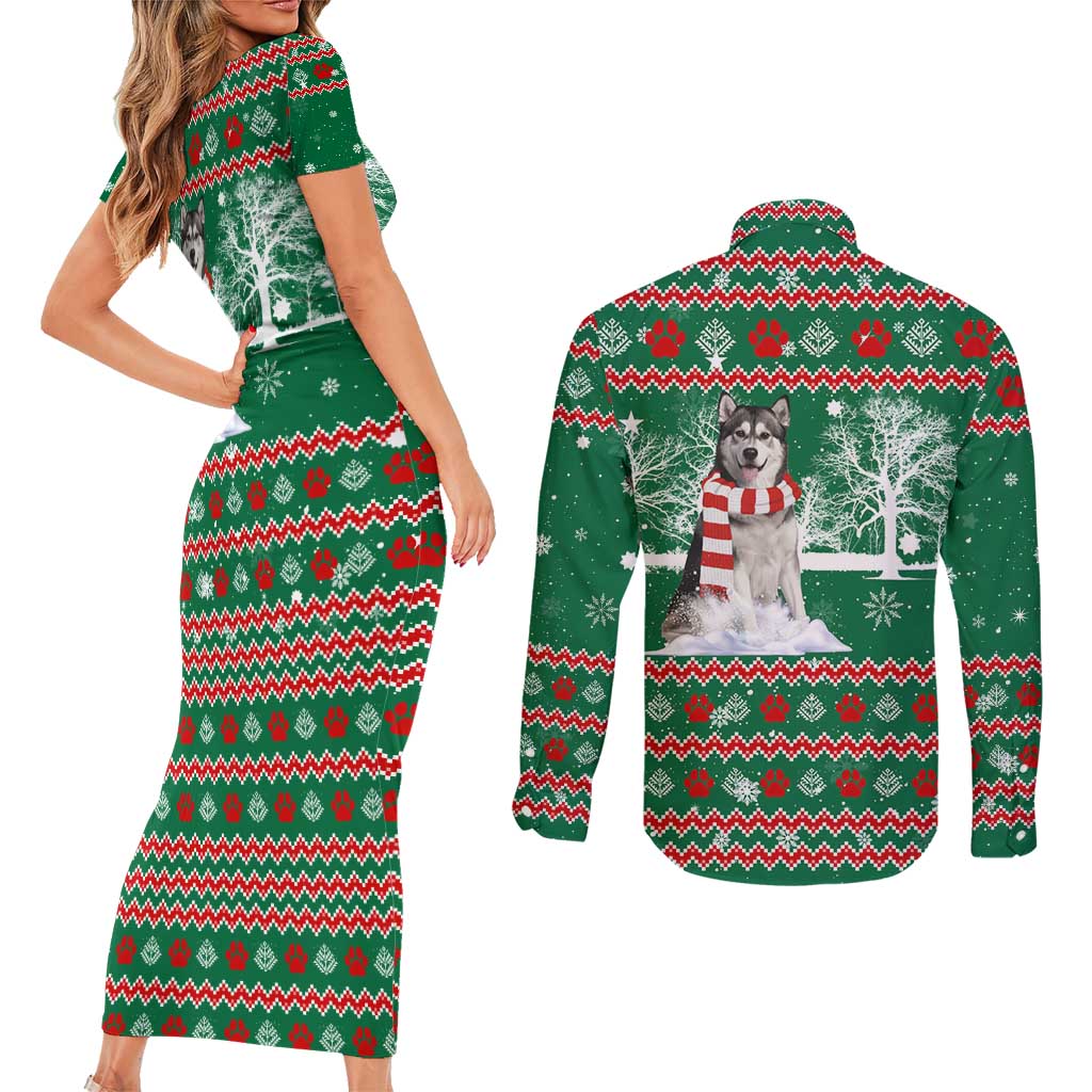 Alaskan Malamute Winter Tree Christmas Couples Matching Short Sleeve Bodycon Dress and Long Sleeve Button Shirt Xmas Holiday Patterns - Wonder Print Shop