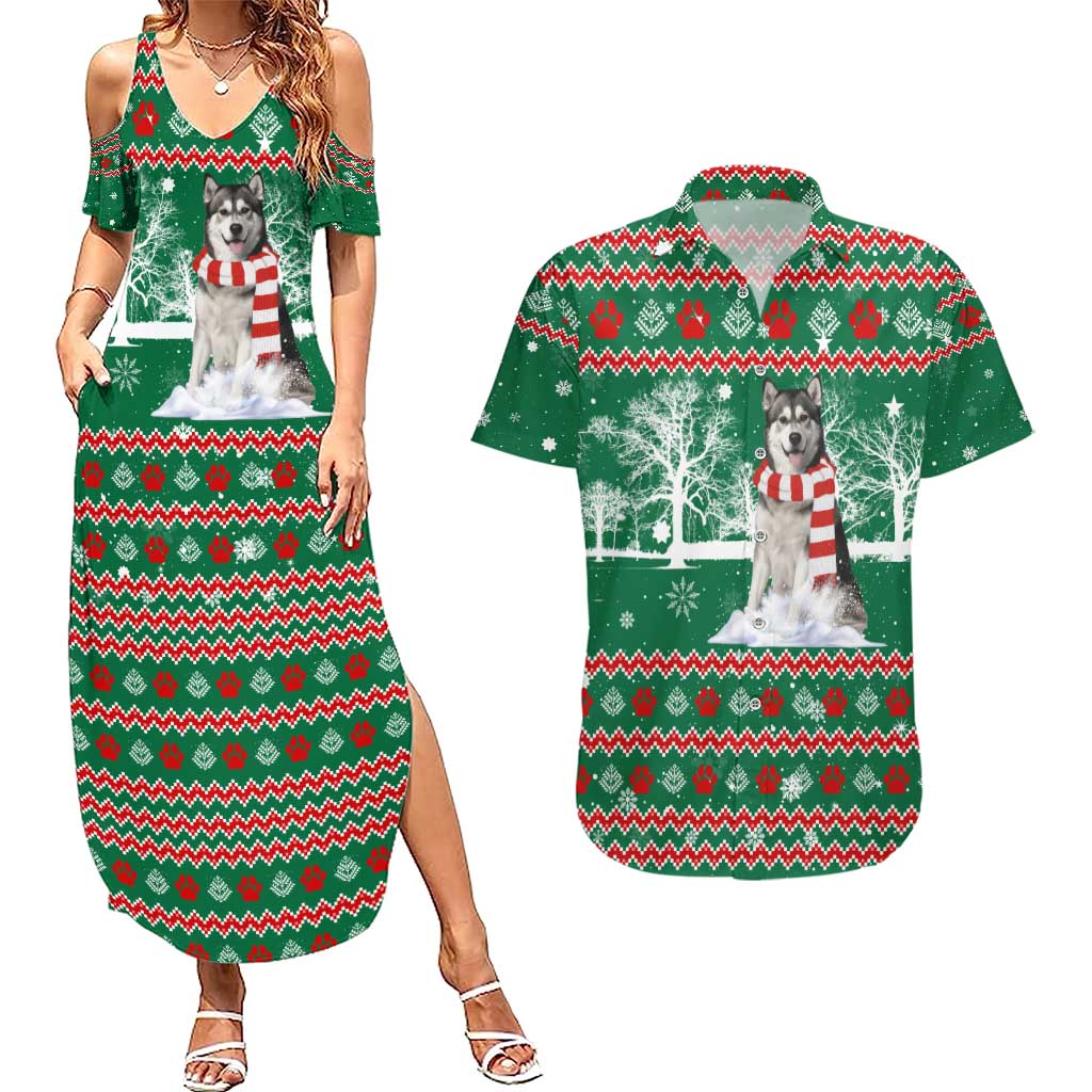 Alaskan Malamute Winter Tree Christmas Couples Matching Summer Maxi Dress and Hawaiian Shirt Xmas Holiday Patterns - Wonder Print Shop