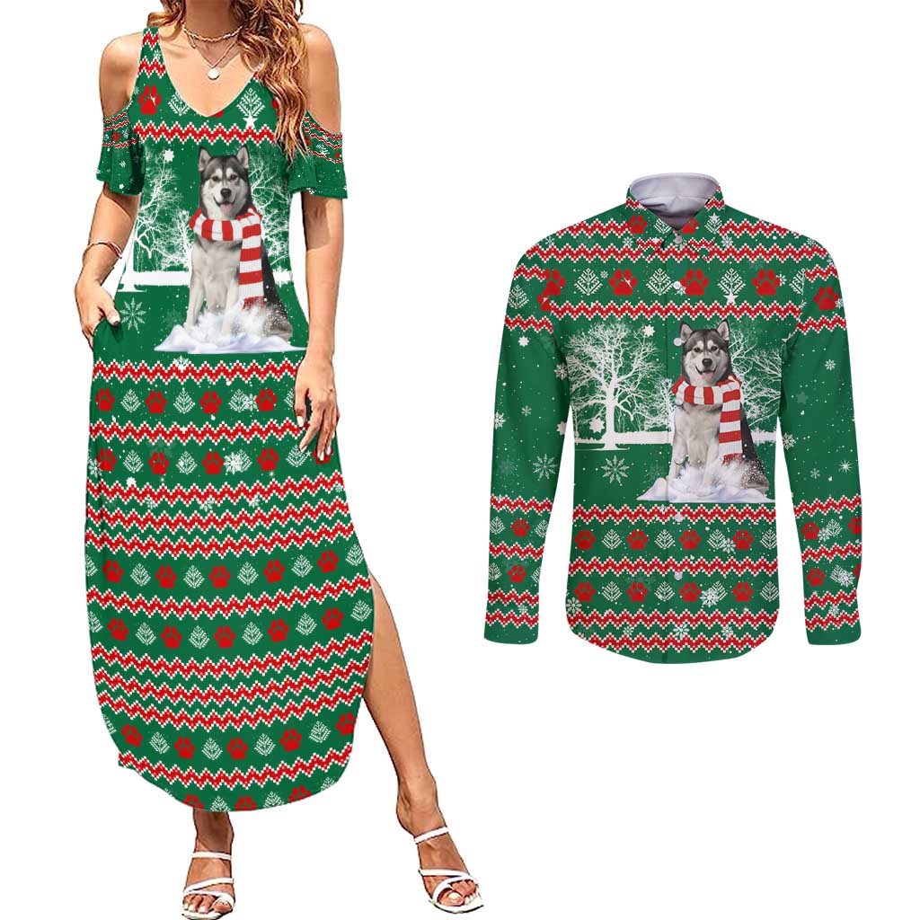 Alaskan Malamute Winter Tree Christmas Couples Matching Summer Maxi Dress and Long Sleeve Button Shirt Xmas Holiday Patterns - Wonder Print Shop
