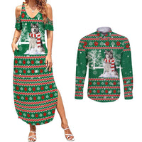 Alaskan Malamute Winter Tree Christmas Couples Matching Summer Maxi Dress and Long Sleeve Button Shirt Xmas Holiday Patterns - Wonder Print Shop