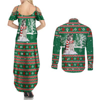 Alaskan Malamute Winter Tree Christmas Couples Matching Summer Maxi Dress and Long Sleeve Button Shirt Xmas Holiday Patterns - Wonder Print Shop