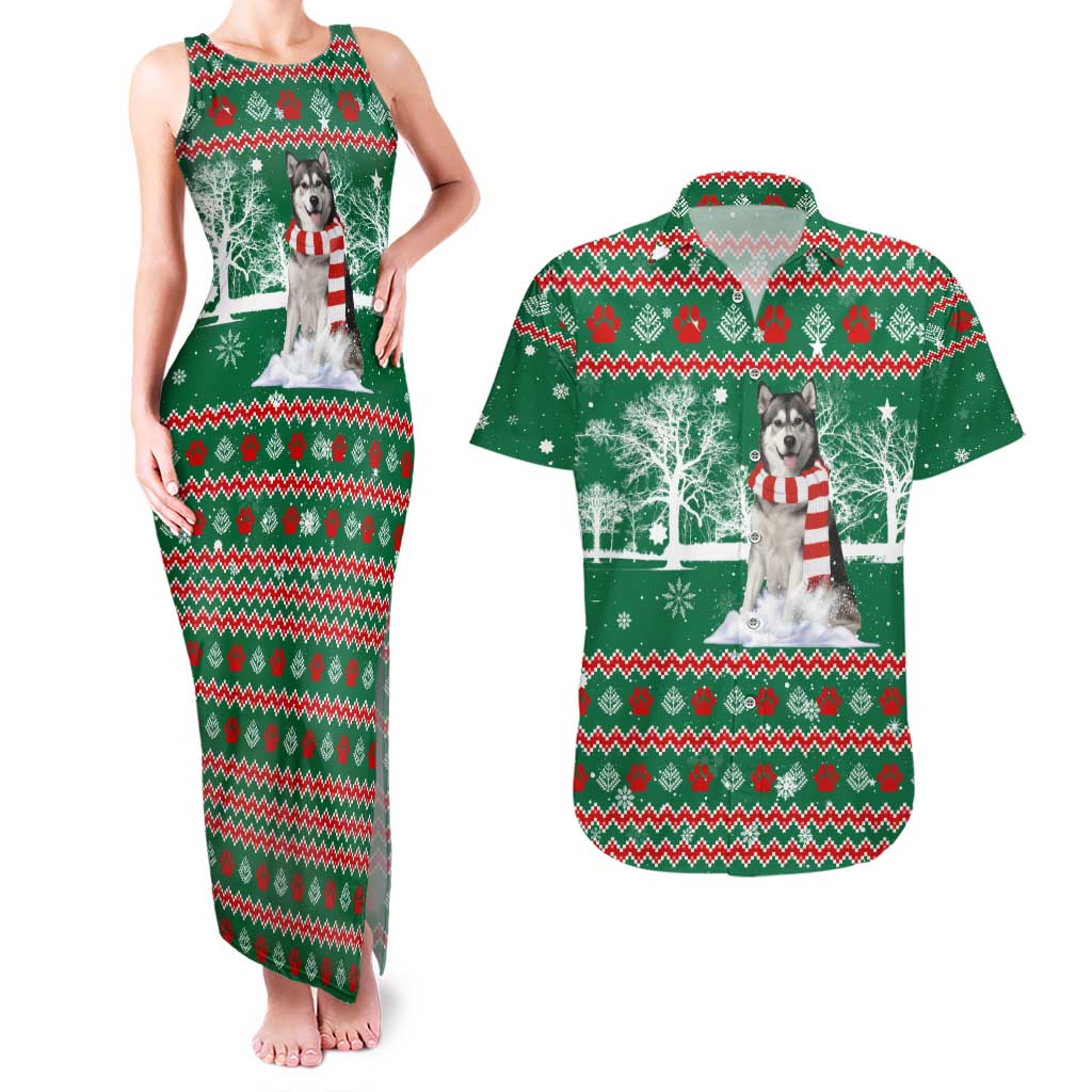 Alaskan Malamute Winter Tree Christmas Couples Matching Tank Maxi Dress and Hawaiian Shirt Xmas Holiday Patterns - Wonder Print Shop