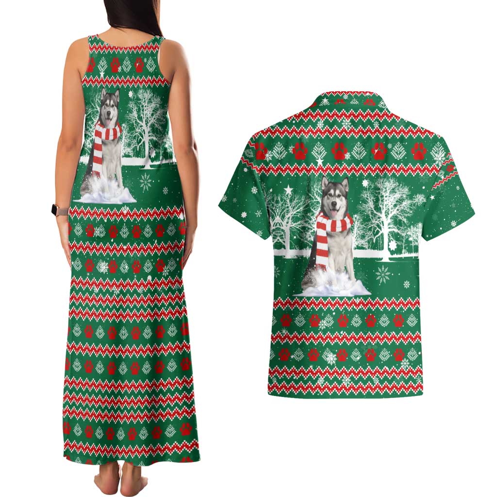 Alaskan Malamute Winter Tree Christmas Couples Matching Tank Maxi Dress and Hawaiian Shirt Xmas Holiday Patterns - Wonder Print Shop