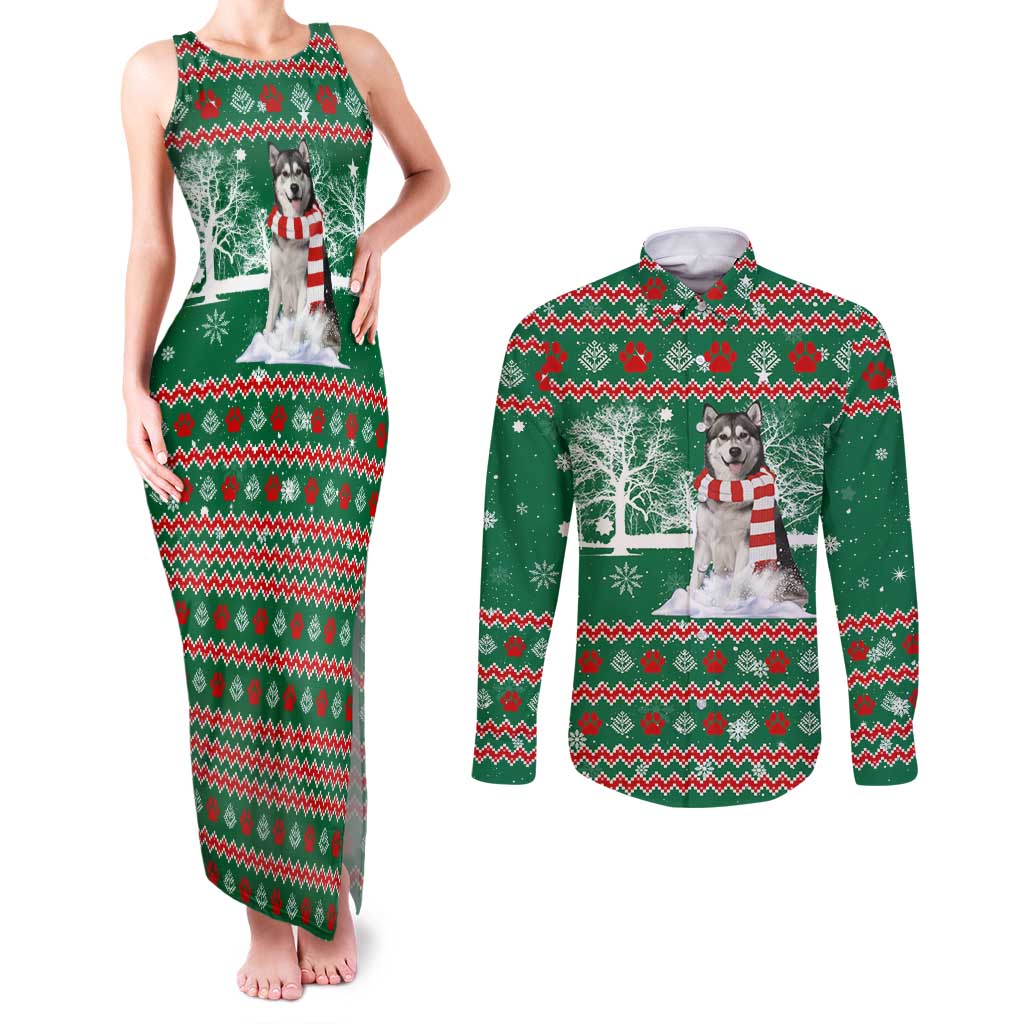 Alaskan Malamute Winter Tree Christmas Couples Matching Tank Maxi Dress and Long Sleeve Button Shirt Xmas Holiday Patterns - Wonder Print Shop