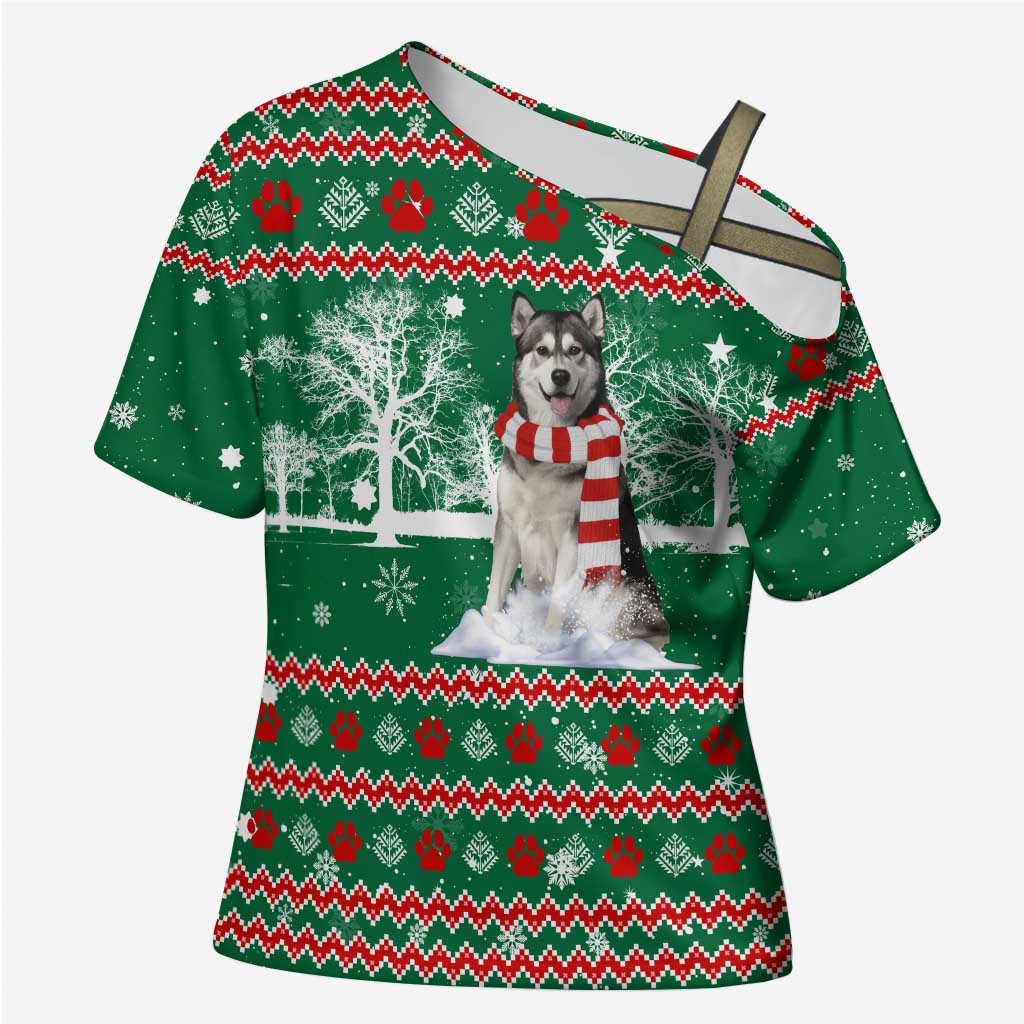 Alaskan Malamute Winter Tree Christmas Cross Shoulder Shirt Xmas Holiday Patterns - Wonder Print Shop