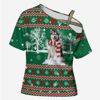 Alaskan Malamute Winter Tree Christmas Cross Shoulder Shirt Xmas Holiday Patterns - Wonder Print Shop