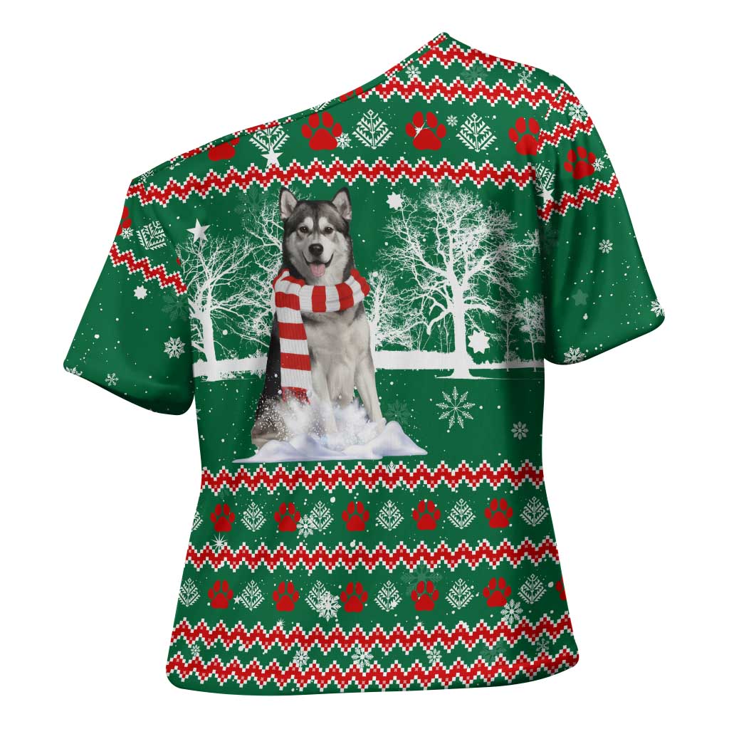 Alaskan Malamute Winter Tree Christmas Cross Shoulder Shirt Xmas Holiday Patterns - Wonder Print Shop