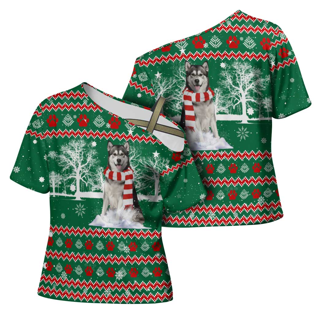 Alaskan Malamute Winter Tree Christmas Cross Shoulder Shirt Xmas Holiday Patterns - Wonder Print Shop