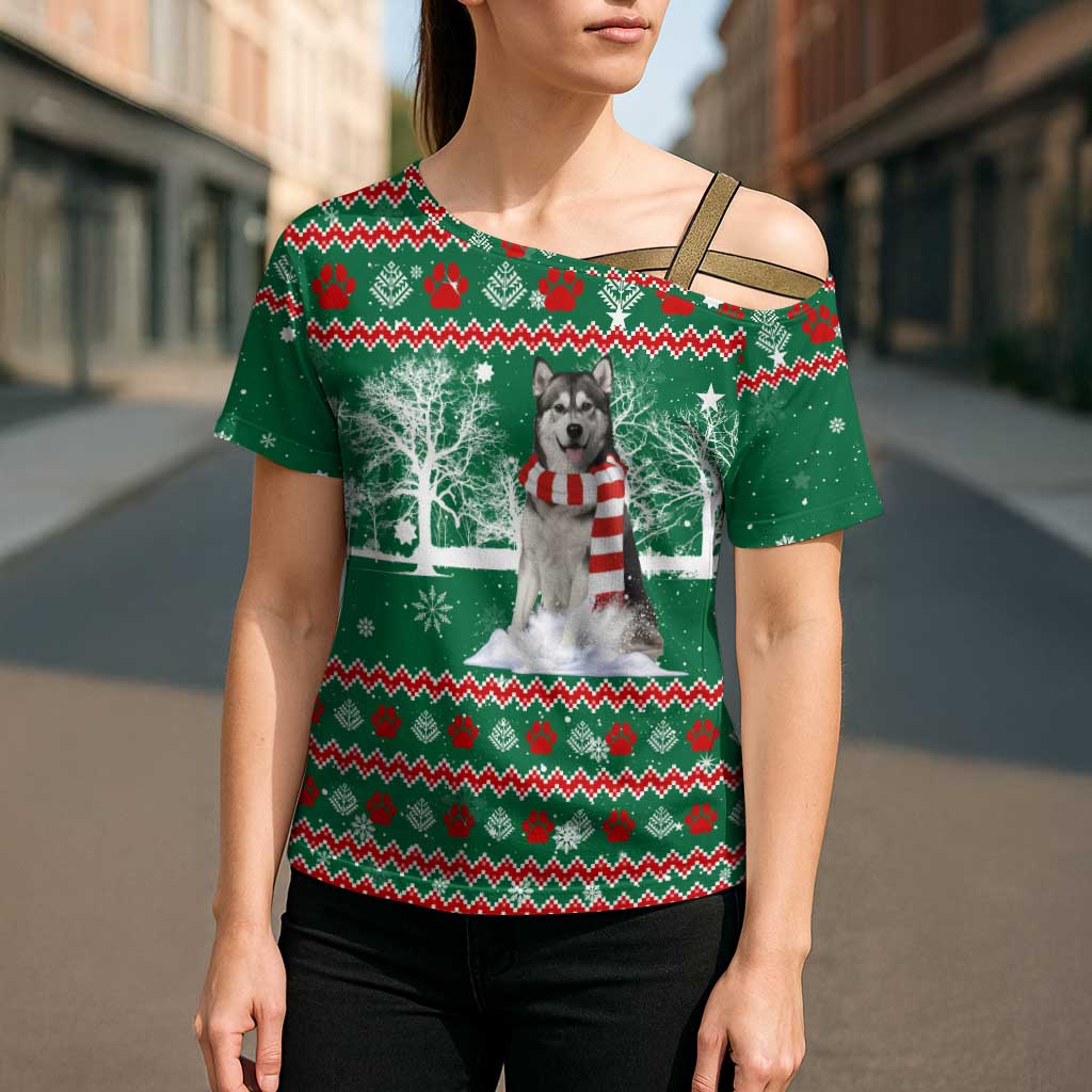 Alaskan Malamute Winter Tree Christmas Cross Shoulder Shirt Xmas Holiday Patterns - Wonder Print Shop