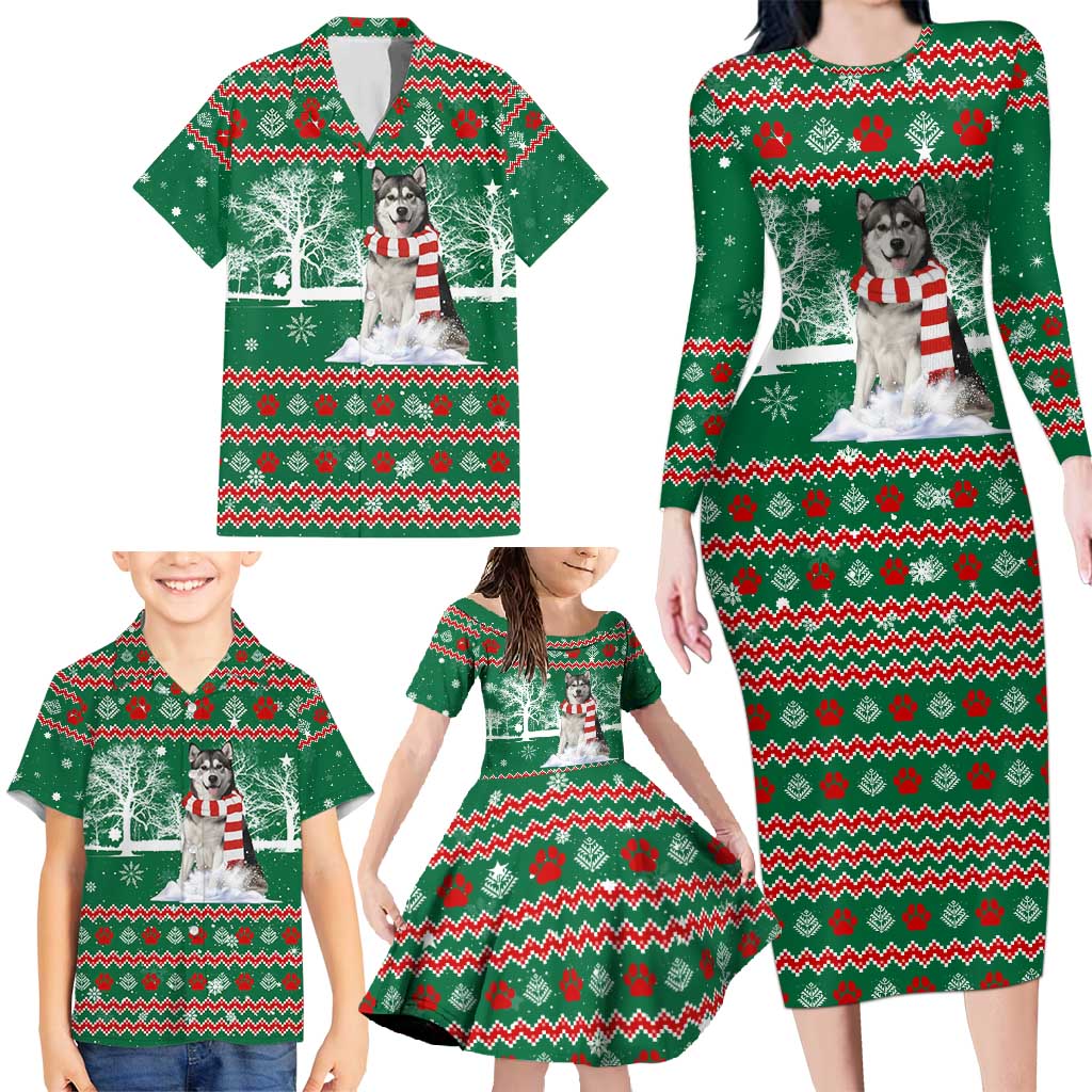 Alaskan Malamute Winter Tree Christmas Family Matching Long Sleeve Bodycon Dress and Hawaiian Shirt Xmas Holiday Patterns - Wonder Print Shop