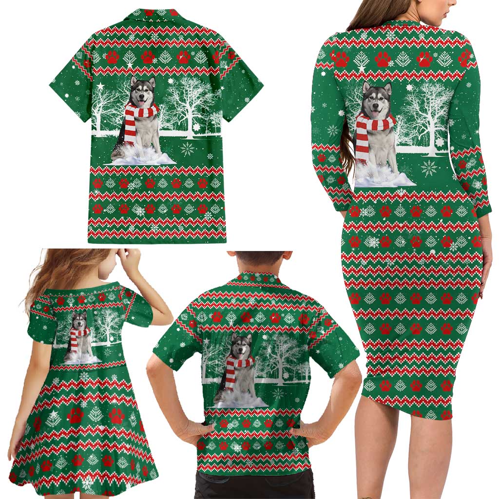 Alaskan Malamute Winter Tree Christmas Family Matching Long Sleeve Bodycon Dress and Hawaiian Shirt Xmas Holiday Patterns - Wonder Print Shop