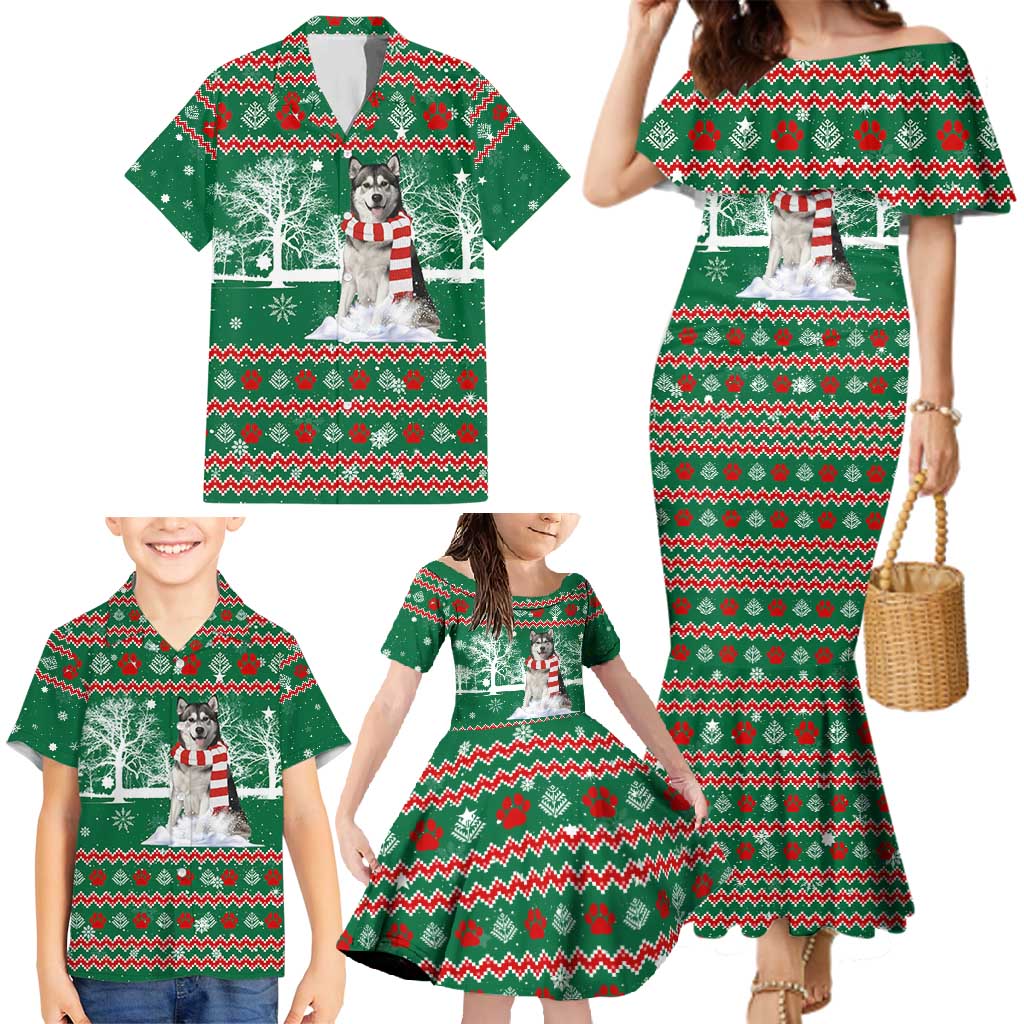 Alaskan Malamute Winter Tree Christmas Family Matching Mermaid Dress and Hawaiian Shirt Xmas Holiday Patterns - Wonder Print Shop