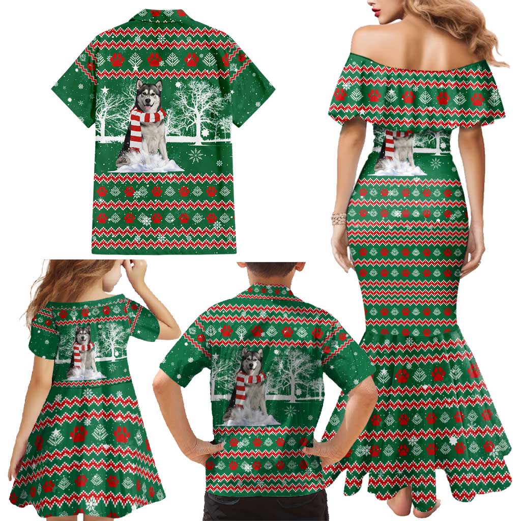 Alaskan Malamute Winter Tree Christmas Family Matching Mermaid Dress and Hawaiian Shirt Xmas Holiday Patterns - Wonder Print Shop